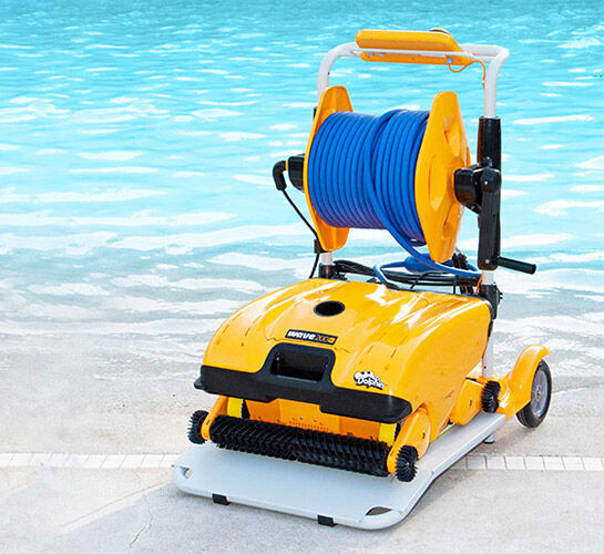 robot pool cleaner on caddy with sea behind